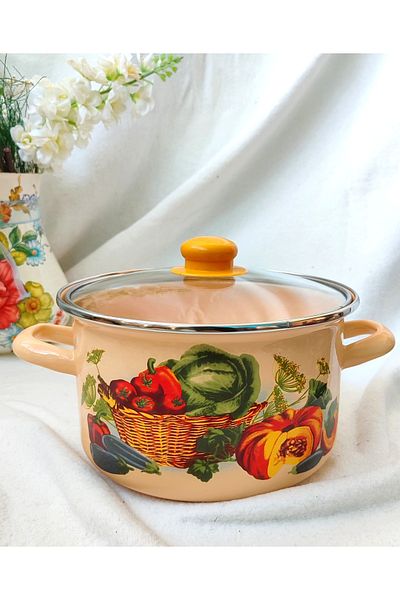 EBRULİEMAYE Vegetable Garden Enamel Pot 3.5 Liter 22 cm Diameter Milk Yogurt Soup Casserole Jam Pot