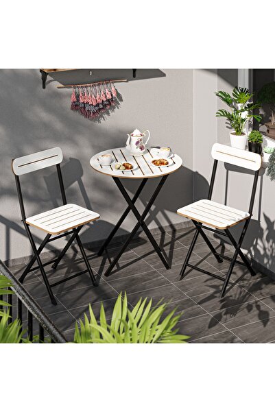 eportatif Masa Sandalye Bahçe Bistro Takım Yuvarlak Beyaz 1482