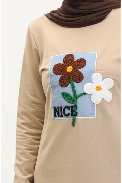 sefamerve Beige Daisy Embroidered Tunic - 9116-06