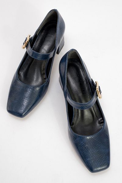 LuviShoes Dolva Navy Patterned Women's Thick Heeled Shoes