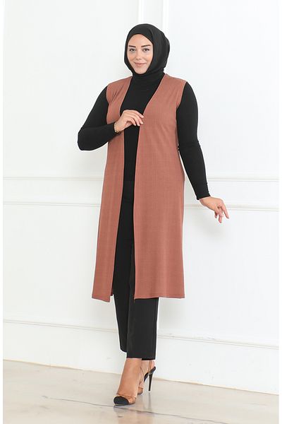 sefamerve Large Size Draped Long Seasonal Vest 8739-01 Brown