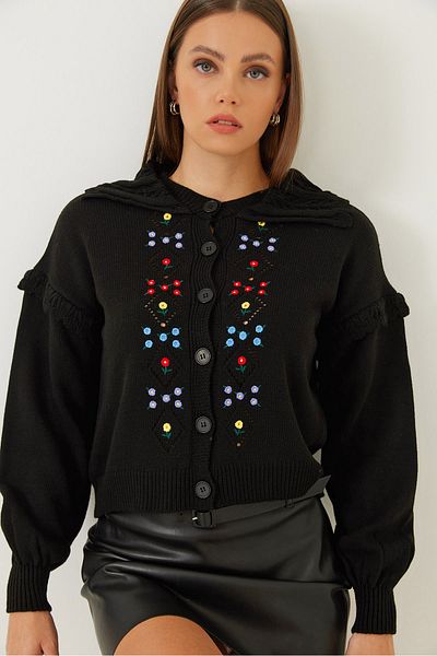 Bianco Lucci Women's Collar Detailed Embroidery Embroidered Knitwear Cardigan 85001028