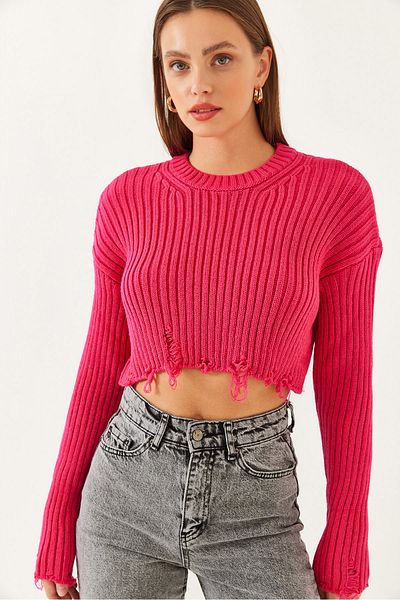 Bianco Lucci Női Crew nyakú szakadt részletes Crop kötöttáru pulóver 85001025