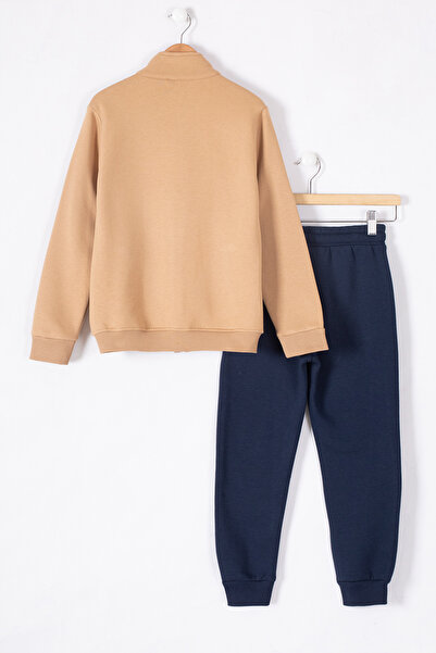 Cansın Mini Boy's Tracksuit Set - Tan Text Printed, Cardigan, Hoodie - 19626