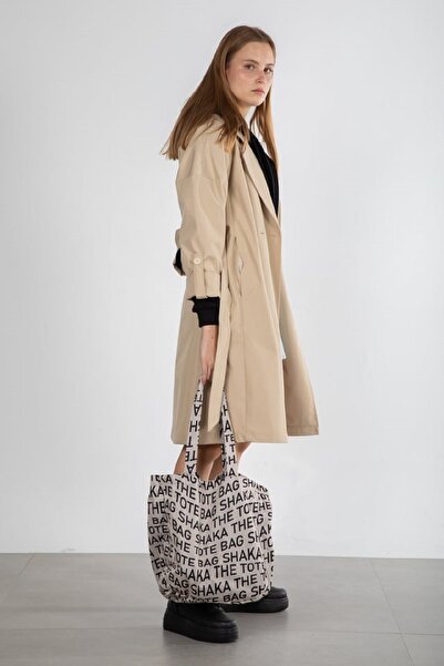 Modasultan Women's Beige Belted Waist Double Button Double Breasted Collar Trench Coat