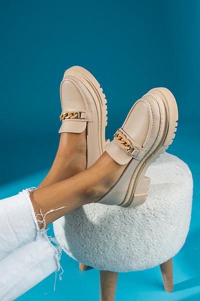 ShoeTek Γυναικεία Loafer Παπούτσια Calvina Nude Δερμάτινη Αλυσίδα