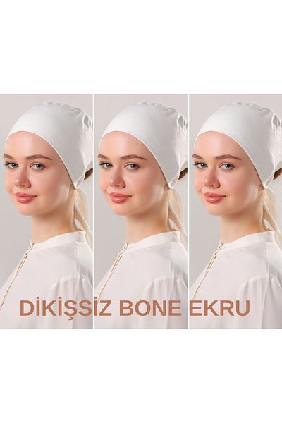 Melodi Scarf Women's Hijab Seamless Set Bonnet Ecru 3 Pieces Tied Combed Cotton Bonnet