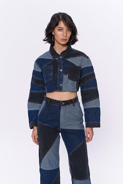 Quzu Navy Blue Color Block Detailed Jeans