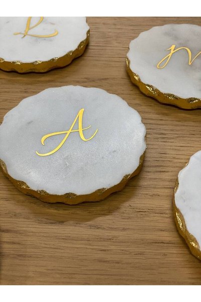 Sümeyra Marble Art Gold Detailed Marble Coasters - Lettered