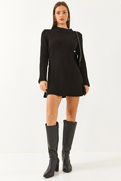 SHADE Kadın Bisiklet Yaka Fitilli Mini Triko Elbise