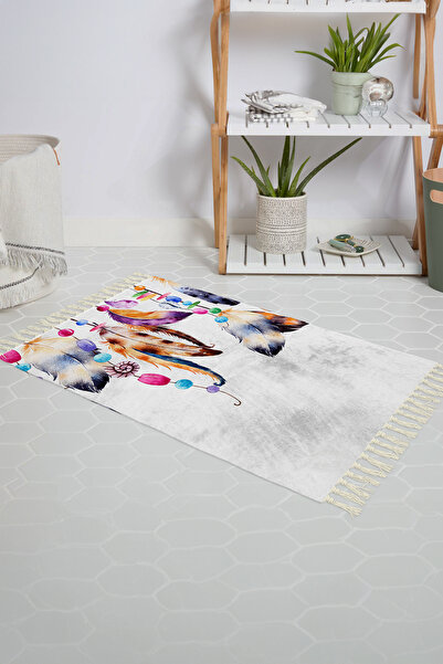 Tropikhome Banyo Paspası Tüy Desenli Baskılı 50x80 Püsküllü Polyester Kaymaz ...