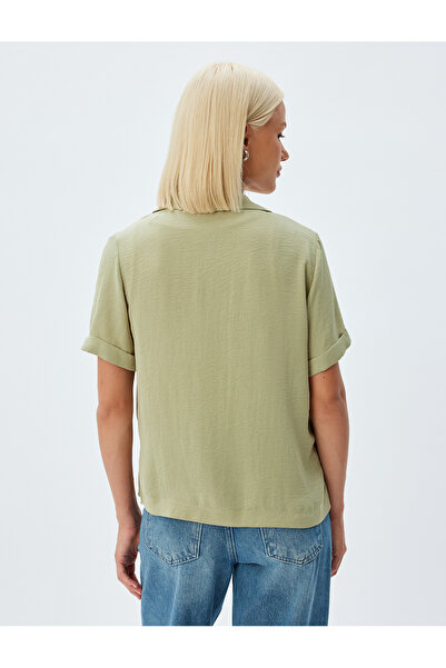 Koton Textured Short Sleeve Blouse - Jacket Collar and Button Detail