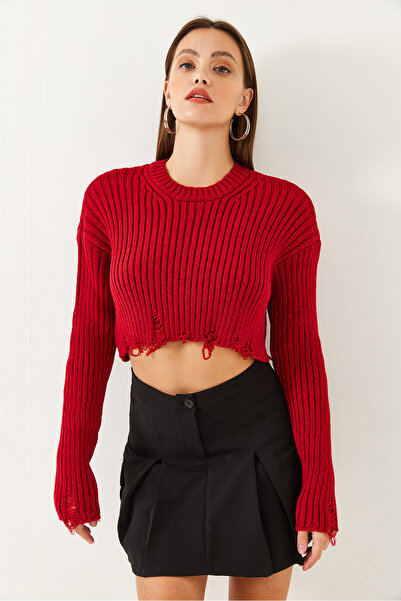 Bianco Lucci Women's Crew Neck Ripped Detailed Crop Knitwear Sweater 85001025