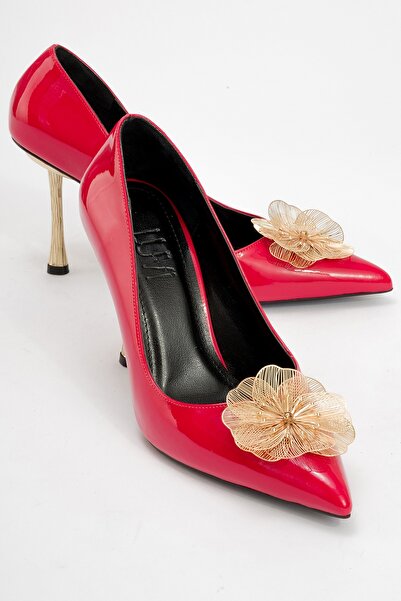LuviShoes Bondy Red Patent Leather Floral Women's Thin Heeled Shoes