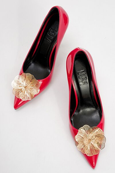 LuviShoes Bondy Red Patent Leather Floral Women's Thin Heeled Shoes