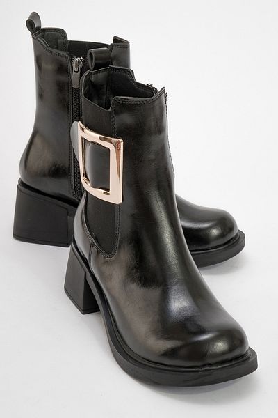 LuviShoes MORİAH Cizme de damă cu toc gros, cu cataramă din piele neagră, cu fermoar lateral