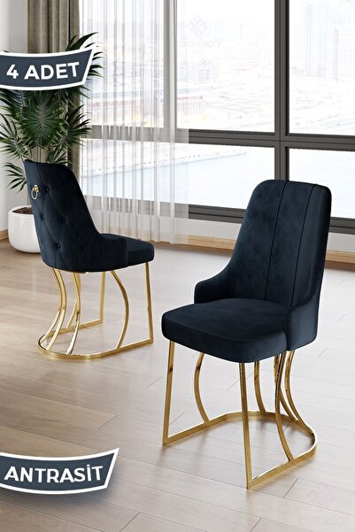 Canisa Puva Serisi 4 Adet Antrasit Sandalye 1.sınıf Babyface Ithal Kumaş Gold...