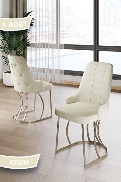 Canisa Puva Serisi 4 Adet Krem Sandalye 1.sınıf Babyface Ithal Kumaş Krom Met...