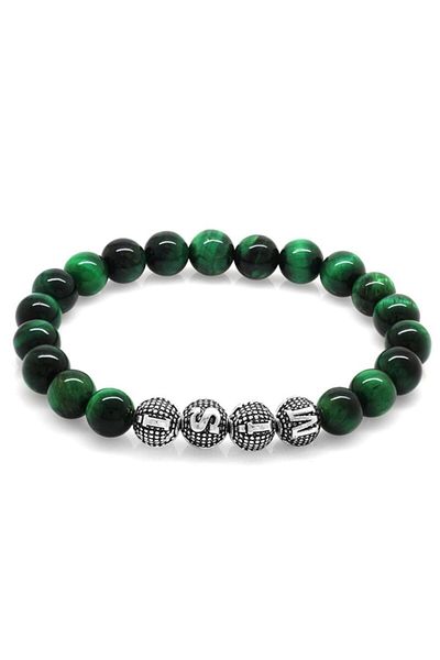 Tesbihane Green Tiger Eye Metal Combination Globe Cut Natural Stone Bracelet