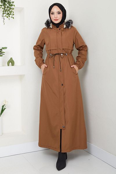 hafsamina Tan Hm2331 - Full Length Bondit Jacket with Fur Inside