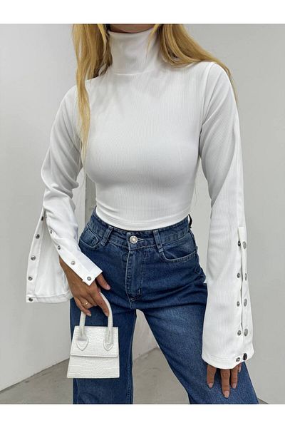 Fav Style Γυναικεία ζιβάγκο με κουμπωτά μανίκια Crop μπλούζα Λευκή