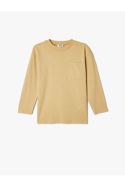 Koton Cotton Long Sleeve Oversize T-Shirt - Pocket, Crew Neck