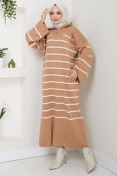 hafsamina Striped Spanish Sleeve Zippered Trucker Collar Knitwear Dress Camel Hm2566