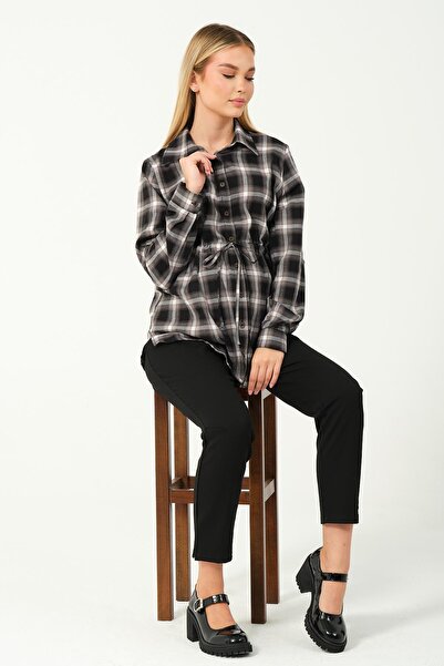BUSA Hamile Uzun Kollu Düğmeli Ekose Gömlek Siyah