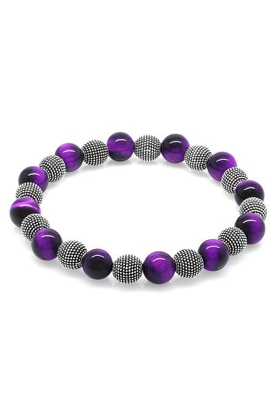 Tesbihane Purple Tiger Eye Metal Combination Globe Cut Natural Stone Bracelet