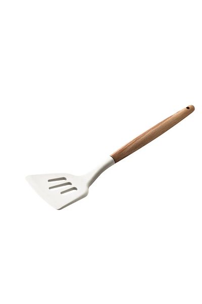 morponi Silicone Perforated Bamboo Handle Spatula - Meatball Spatula, Cream Color