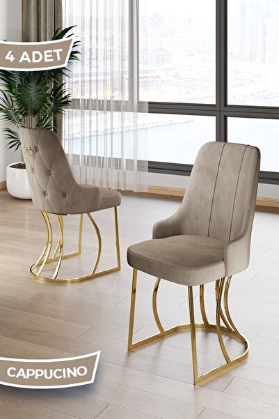 Canisa Puva Serisi 4 Adet Cappucino Sandalye 1.sınıf Babyface Ithal Kumaş Gold Metal Ayaklı