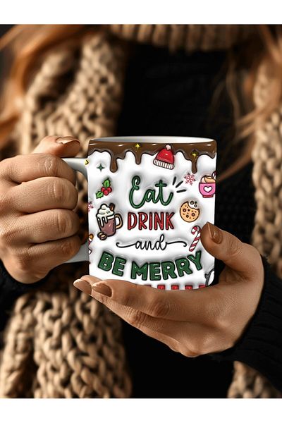 Evion Eat Inner and Be Happy Printed 3D Design Ceramic Mug - Gift Mug Cup