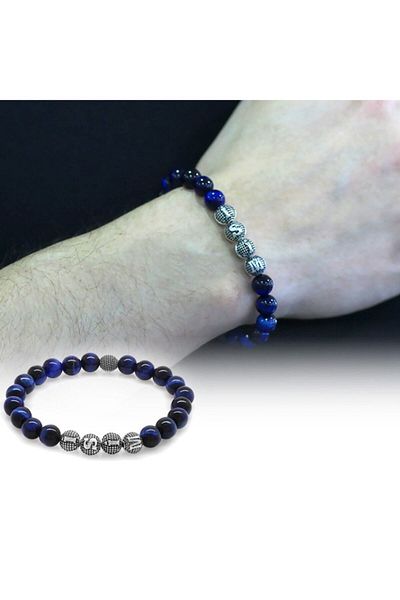 Tesbihane Blue Tiger Eye Metal Combination Globe Cut Natural Stone Bracelet