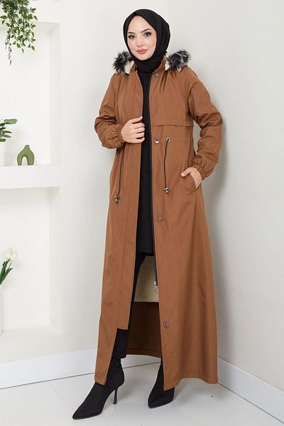 hafsamina Tan Hm2331 - Full Length Bondit Jacket with Fur Inside