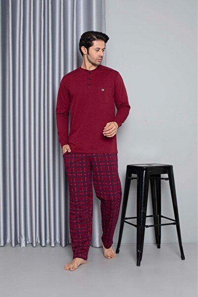 bie's Men's Red Plaid 3 Button Chest Pocket 100% Cotton Winter Long Sleeve Pajamas Set