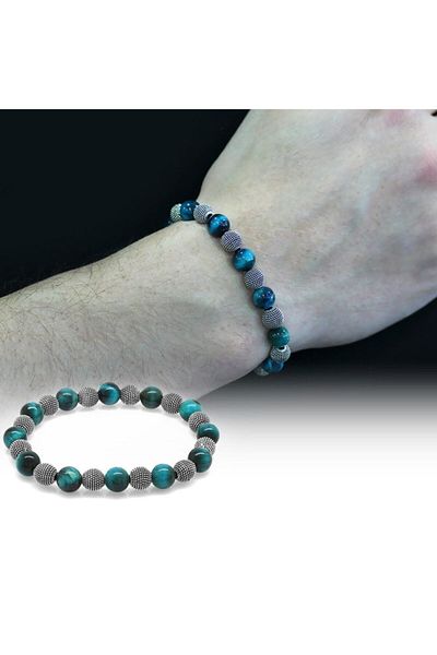 Tesbihane Turquoise Tiger Eye Metal Combination Globe Cut Natural Stone Bracelet