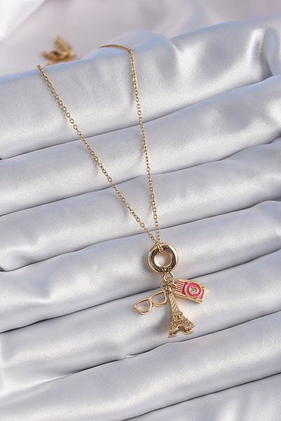 Store 316L Steel Gold Color Eiffel Tower Photo Camera Figure Charm Model Women's Necklace