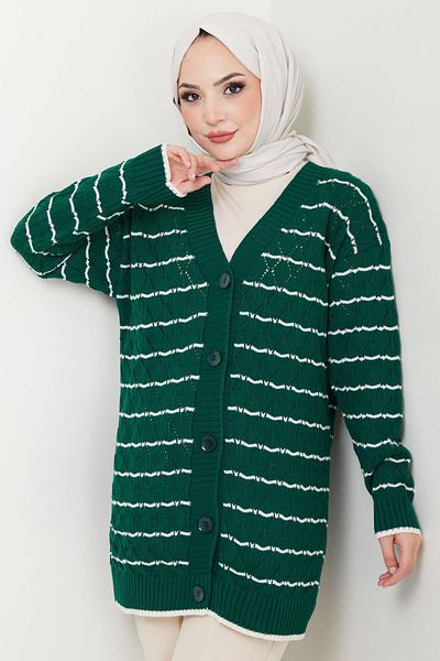 hafsamina Emerald Colored Striped Diamond Patterned Knitwear Cardigan - Hm2549