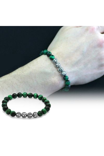 Tesbihane Green Tiger Eye Metal Combination Globe Cut Natural Stone Bracelet