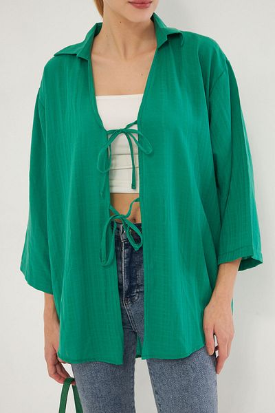 armonika Cămașă verde pentru femei, cu guler, cu șireturi în față, cămașă kimono ARM-25K 001006
