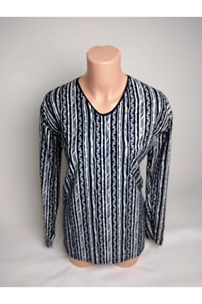 YAŞAR TRİKO تي شيرت من جلد الغزال بفتحة رقبة على شكل حرف V باللون الأزرق الدا...