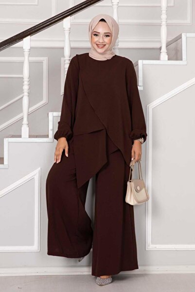 EBRUTESETTÜR Asymmetric Cut Aerobin Hijab - 2 Piece Brown Set