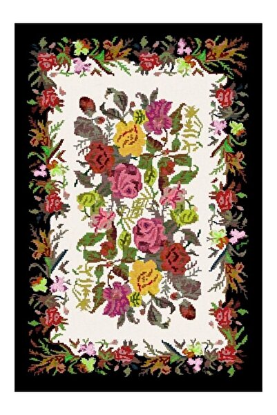 Halımax Drom Kaymaz Tabanlı Yıkanabilir Siyah Karabağ Çiçekli Klasik Halı