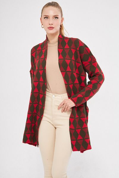 armonika Women's Red Long Patterned Knitwear Cardigan Arm-25K 012005