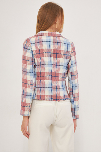 armonika Women's Baby Blue-Pink Double Breasted Collar Tweed Crop Jacket Arm-24K 001014