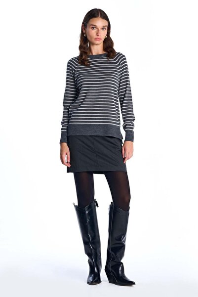 SHERIN Anthracite Crew Neck Striped Blouse