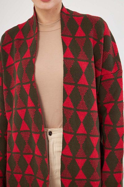armonika Women's Red Long Patterned Knitwear Cardigan Arm-25K 012005