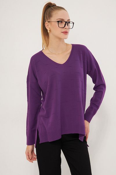armonika Women's Purple V-Neck Self Patterned Knitwear Sweater Arm-25K 012011