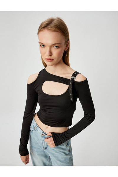 Koton Long Sleeve T-Shirt Crop with Window Detail and Belt