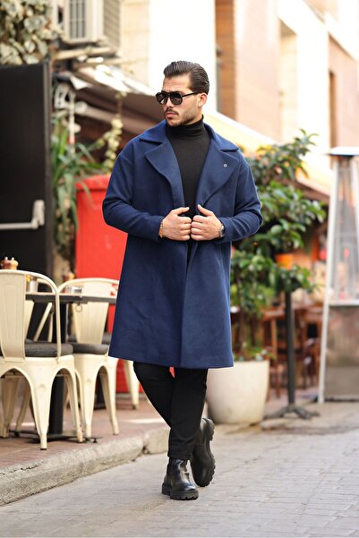 hello7 Ανδρικό παλτό Oversize Stamp Navy blue φαρδύ μακρύ ύφασμα υψηλής ποιότητας